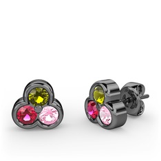 Mini Tria Küpe - Peridot, rodolit garnet ve pembe kuvars 925 ayar siyah rodyum kaplama gümüş küpe #1pie7r9