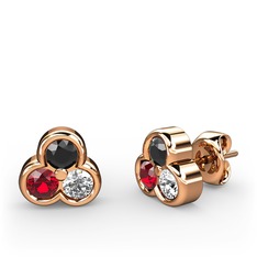 Mini Tria Küpe - Siyah zirkon, garnet ve pırlanta 14 ayar rose altın küpe (0.22 karat) #1puc12b