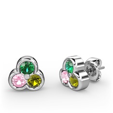 Mini Tria Küpe - Yeşil kuvars, pembe kuvars ve peridot 18 ayar beyaz altın küpe #1qk358d