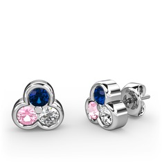 Mini Tria Küpe - Lab safir, pembe kuvars ve swarovski 14 ayar beyaz altın küpe #1qlldmc