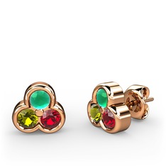Mini Tria Küpe - Kök zümrüt, peridot ve garnet 18 ayar rose altın küpe #1qu2mpa