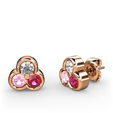 Pırlanta, pembe kuvars ve rodolit garnet 925 ayar rose altın kaplama gümüş küpe (0.22 karat)
