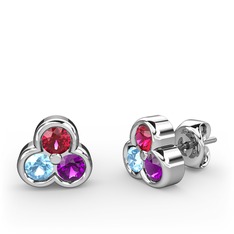 Mini Tria Küpe - Rodolit garnet, akuamarin ve ametist 14 ayar beyaz altın küpe #1r48p8k
