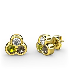 Mini Tria Küpe - Beyaz zirkon, peridot ve dumanlı kuvars 14 ayar altın küpe #1r8e2ie