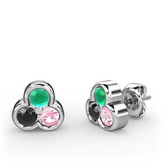 Mini Tria Küpe - Kök zümrüt, siyah zirkon ve pembe kuvars 14 ayar beyaz altın küpe #1rbj84d