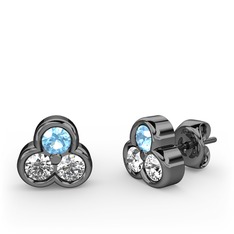 Akuamarin, beyaz zirkon ve swarovski 925 ayar siyah rodyum kaplama gümüş küpe