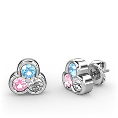 Mini Tria Küpe - Akuamarin, pembe kuvars ve swarovski 18 ayar beyaz altın küpe #1rmimxa