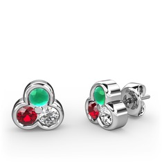 Kök zümrüt, garnet ve pırlanta 925 ayar gümüş küpe (0.22 karat)