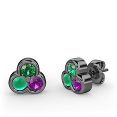 Mini Tria Küpe - Yeşil kuvars, kök zümrüt ve ametist 925 ayar siyah rodyum kaplama gümüş küpe #1s06ju9