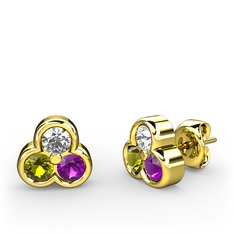 Mini Tria Küpe - Pırlanta, peridot ve ametist 14 ayar altın küpe (0.22 karat) #1s288lp