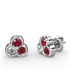 Mini Tria Küpe - Garnet, beyaz zirkon ve kök yakut 18 ayar beyaz altın küpe #1sf29r2