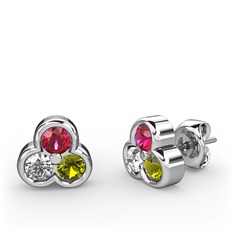 Rodolit garnet, pırlanta ve peridot 8 ayar beyaz altın küpe (0.22 karat)