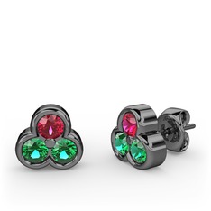 Mini Tria Küpe - Rodolit garnet ve yeşil kuvars 925 ayar siyah rodyum kaplama gümüş küpe #1t3vmy8