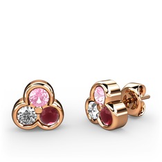 Mini Tria Küpe - Pembe kuvars, pırlanta ve kök yakut 8 ayar rose altın küpe (0.22 karat) #1td0lt3