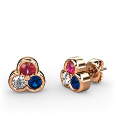 Mini Tria Küpe - Rodolit garnet, beyaz zirkon ve lab safir 18 ayar rose altın küpe #1tft3b4