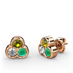 Mini Tria Küpe - Peridot, pırlanta ve kök zümrüt 8 ayar rose altın küpe (0.22 karat) #1trodww