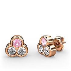 Mini Tria Küpe - Pembe kuvars, beyaz zirkon ve pırlanta 925 ayar rose altın kaplama gümüş küpe (0.22 karat) #1u9rloz