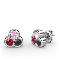 Pembe kuvars, garnet ve siyah zirkon 8 ayar beyaz altın küpe