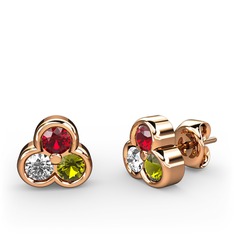 Mini Tria Küpe - Garnet, beyaz zirkon ve peridot 8 ayar rose altın küpe #1ujat69