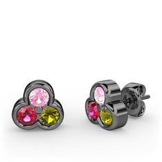Mini Tria Küpe - Pembe kuvars, rodolit garnet ve peridot 925 ayar siyah rodyum kaplama gümüş küpe #1ul4vzo