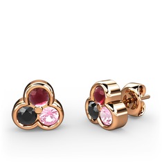 Mini Tria Küpe - Kök yakut, siyah zirkon ve pembe kuvars 8 ayar rose altın küpe #1us2334