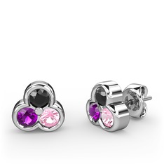 Mini Tria Küpe - Siyah zirkon, ametist ve pembe kuvars 18 ayar beyaz altın küpe #1v0abkw