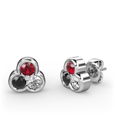 Garnet, siyah zirkon ve pırlanta 14 ayar beyaz altın küpe (0.22 karat)