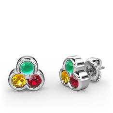 Mini Tria Küpe - Kök zümrüt, sitrin ve garnet 18 ayar beyaz altın küpe #1v8ixrt