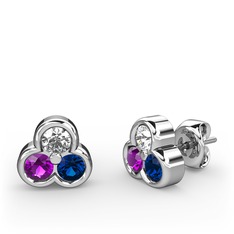 Mini Tria Küpe - Beyaz zirkon, ametist ve lab safir 8 ayar beyaz altın küpe #1vcq1e1