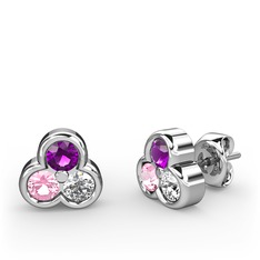 Ametist, pembe kuvars ve swarovski 18 ayar beyaz altın küpe