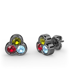 Mini Tria Küpe - Peridot, garnet ve akuamarin 925 ayar siyah rodyum kaplama gümüş küpe #1vp9ra