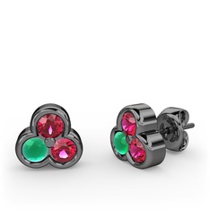 Mini Tria Küpe - Rodolit garnet ve kök zümrüt 925 ayar siyah rodyum kaplama gümüş küpe #1w15o6f