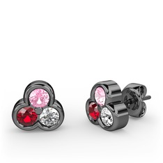 Pembe kuvars, garnet ve swarovski 925 ayar siyah rodyum kaplama gümüş küpe