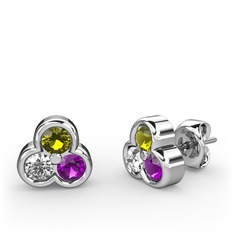 Peridot, swarovski ve ametist 8 ayar beyaz altın küpe