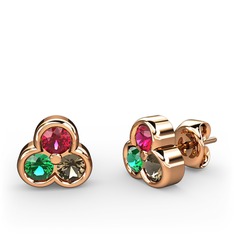 Mini Tria Küpe - Rodolit garnet, yeşil kuvars ve dumanlı kuvars 925 ayar rose altın kaplama gümüş küpe #1x6fna0