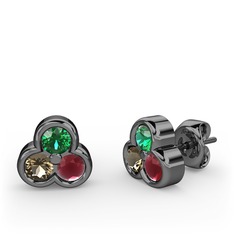 Mini Tria Küpe - Yeşil kuvars, dumanlı kuvars ve kök yakut 925 ayar siyah rodyum kaplama gümüş küpe #1x6zui2