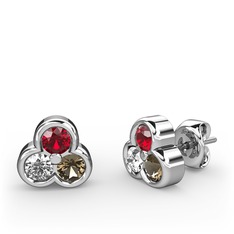 Garnet, pırlanta ve dumanlı kuvars 8 ayar beyaz altın küpe (0.22 karat)