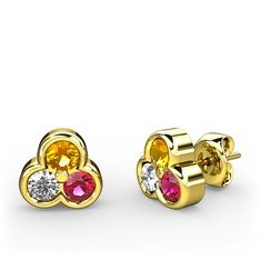 Mini Tria Küpe - Sitrin, pırlanta ve rodolit garnet 8 ayar altın küpe (0.22 karat) #1xflo9f