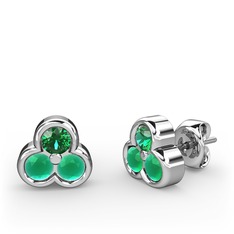 Mini Tria Küpe - Yeşil kuvars ve kök zümrüt 18 ayar beyaz altın küpe #1xfpz8x