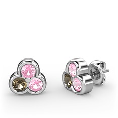 Mini Tria Küpe - Pembe kuvars ve dumanlı kuvars 14 ayar beyaz altın küpe #1xy36by