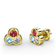 Mini Tria Küpe - Rodolit garnet, akuamarin ve beyaz zirkon 14 ayar altın küpe #1y0c2rm