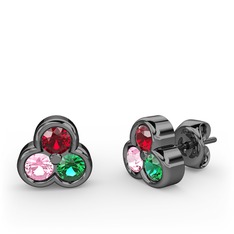 Mini Tria Küpe - Garnet, pembe kuvars ve yeşil kuvars 925 ayar siyah rodyum kaplama gümüş küpe #1y7512g