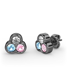 Swarovski, akuamarin ve pembe kuvars 925 ayar siyah rodyum kaplama gümüş küpe
