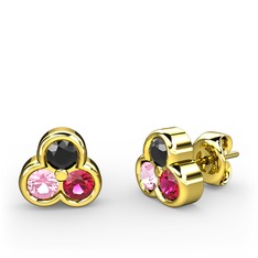 Mini Tria Küpe - Siyah zirkon, pembe kuvars ve rodolit garnet 8 ayar altın küpe #1y9ak67