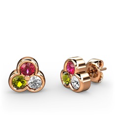 Rodolit garnet, peridot ve beyaz zirkon 18 ayar rose altın küpe