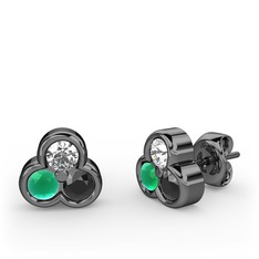 Mini Tria Küpe - Beyaz zirkon, kök zümrüt ve siyah zirkon 925 ayar siyah rodyum kaplama gümüş küpe #26lk76