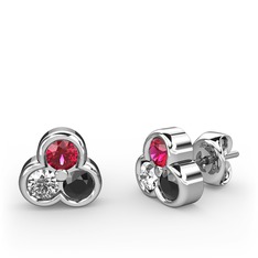 Rodolit garnet, pırlanta ve siyah zirkon 8 ayar beyaz altın küpe (0.22 karat)