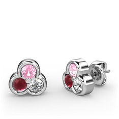 Mini Tria Küpe - Pembe kuvars, kök yakut ve pırlanta 18 ayar beyaz altın küpe (0.22 karat) #2s6uh7