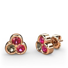 Mini Tria Küpe - Rodolit garnet ve dumanlı kuvars 18 ayar rose altın küpe #311m7w
