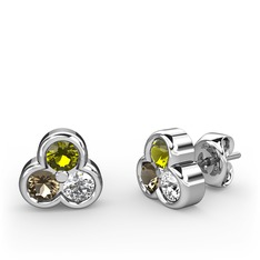Mini Tria Küpe - Peridot, dumanlı kuvars ve swarovski 8 ayar beyaz altın küpe #34k85f
